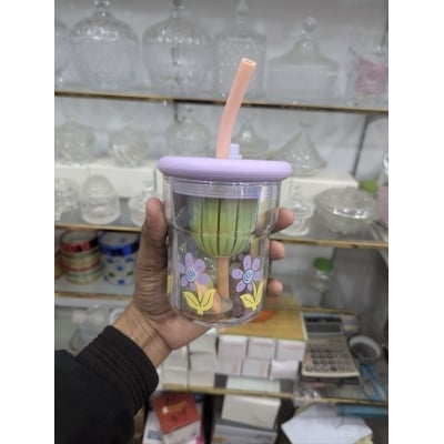 Picture of Aesthetic Purple Flower Power Glass Tumbler 16oz (500ml) with Lid & Straw | Reusable Borosilicate Glass Iced Coffee Cup & Juice Bottle with Infuser Design for Women & Girls on the go Travel Use-Multicolor