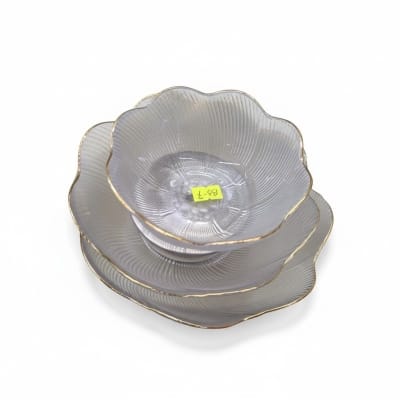 Picture of Exquisite Grey Wavy Glass Serving Bowl Set with Lustrous Gold Rim, Vertical Ribbed Texture, Irregular Lotus Flower Shape, High-White Crystal Clarity for Elegant Salads, Soups, Desserts, and Luxury Table Decor.-Multicolor