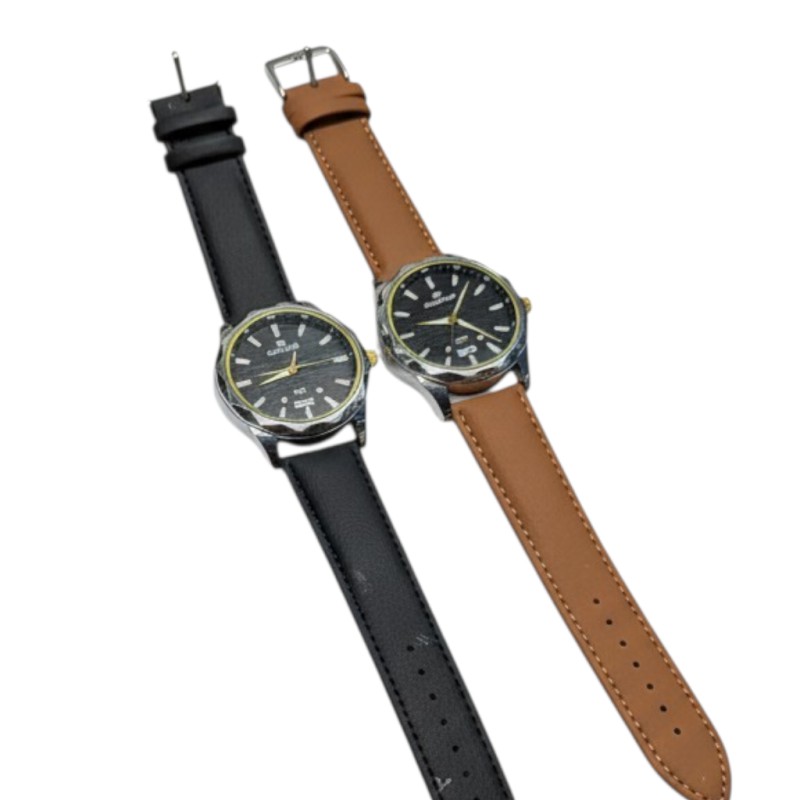 Picture of Men's Luxury Business Quartz Wristwatch Featuring Premium Black Leather Strap Two-Tone Silver Gold Bezel Elegant Analog Display with Date Function for Formal Professional Office Wear and Corporate Gifting Style Accessories.-Black