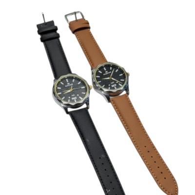 Picture of Men's Luxury Business Quartz Wristwatch Featuring Premium Black Leather Strap Two-Tone Silver Gold Bezel Elegant Analog Display with Date Function for Formal Professional Office Wear and Corporate Gifting Style Accessories.-Black