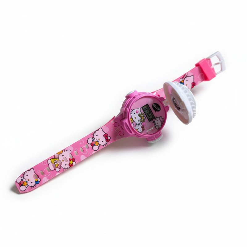 Picture of Hello Kitty Pink Digital Watch for Kids featuring a 3D Character Flip Cover Built-in LED Projector with 24 Cartoon Images and Adjustable Silicone Strap for Girls Birthday Gift and Daily Wear.-Pink