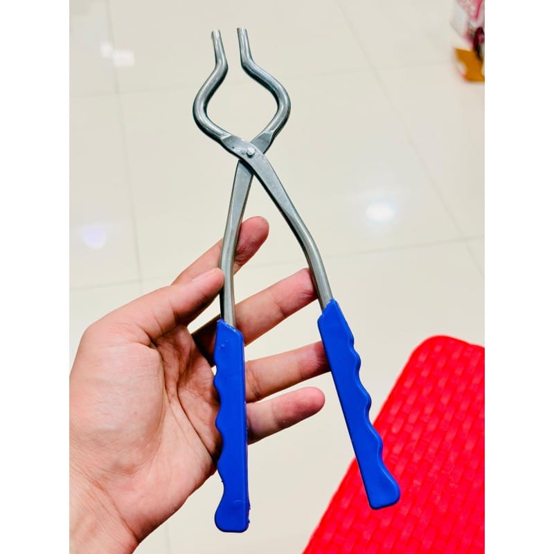 Picture of Stainless Steel Kitchen Pakkad Tong Sansi with Blue Comfort Grip Handle for Holding Hot Pots Pans Patila and Cooker Securely in Kitchen Traditional Indian Utility Pincer Tool for Cooking Safety.-Multicolor