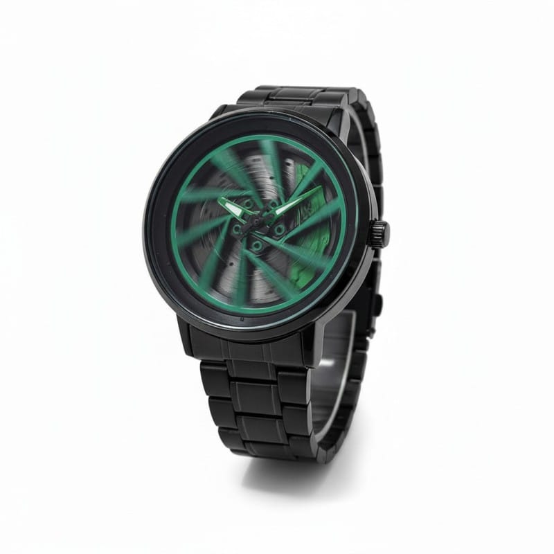 Picture of Premium Car Wheel Rim Rolling Watch for Men Featuring 3D Spinning Hub Metal Dial with Green Brake Caliper Luxury Quartz Movement and Waterproof Stainless Steel Black Strap Stylish Sporty Fashionable Wristwatch.-Multicolor