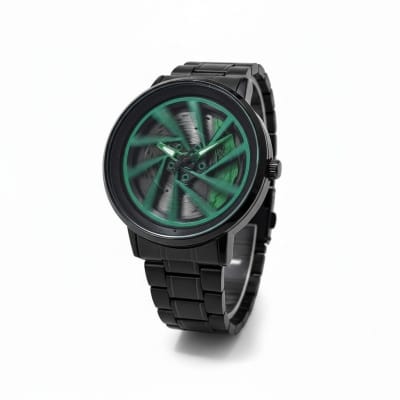 Picture of Premium Car Wheel Rim Rolling Watch for Men Featuring 3D Spinning Hub Metal Dial with Green Brake Caliper Luxury Quartz Movement and Waterproof Stainless Steel Black Strap Stylish Sporty Fashionable Wristwatch.-Multicolor