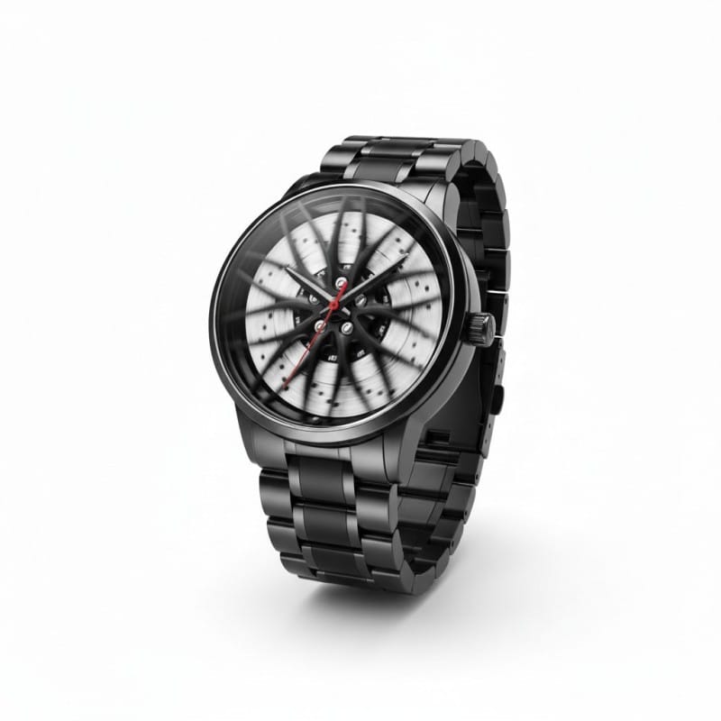Picture of Luxury Men's Car Wheel Rim Hub Watch Featuring 3D Hollow Spinning Dial Design Japanese Quartz Movement Stainless Steel Waterproof Chronograph Sports Wristwatch Perfect Gift for Automotive Enthusiasts Racing Fans and Car Lovers.-Black
