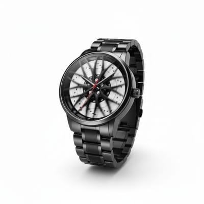 Picture of Luxury Men's Car Wheel Rim Hub Watch Featuring 3D Hollow Spinning Dial Design Japanese Quartz Movement Stainless Steel Waterproof Chronograph Sports Wristwatch Perfect Gift for Automotive Enthusiasts Racing Fans and Car Lovers.-Black
