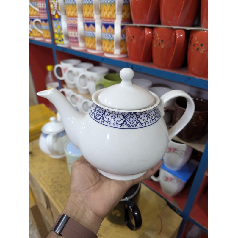 Picture of Elegant White Porcelain Teapot Featuring Intricate Navy Blue Floral Pattern for Premium Afternoon Tea Service Experiences.-Multicolor