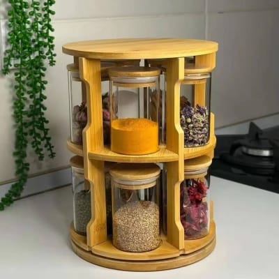 Picture of 360° Rotating Bamboo Spice Rack Organizer with 10 Airtight Glass Jars for Kitchen Countertop Storage Carousel and Space Saving Seasoning Holder Stand with Natural Wood Finish for Modern Pantry Organization Needs.-Multicolor