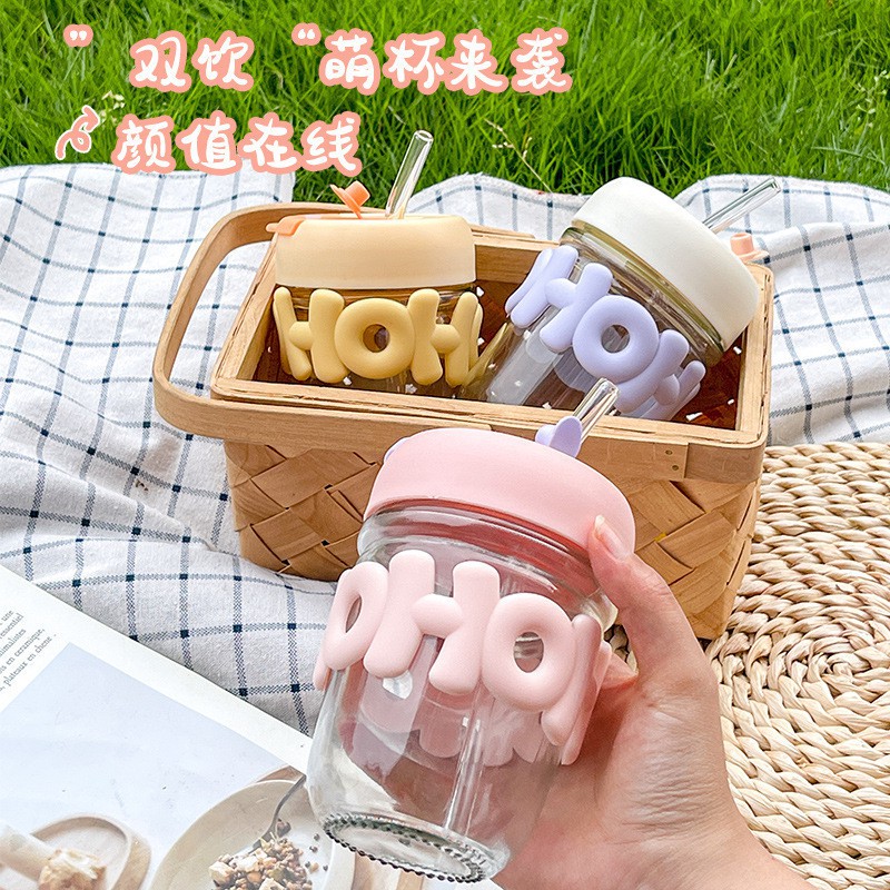 Picture of 1 pcsGlass Straw Cup, Portable Cute Straw Cup, Souvenir Straw Cup Drinking Cup Personalized Logo Letter Shaped pink-Multicolor