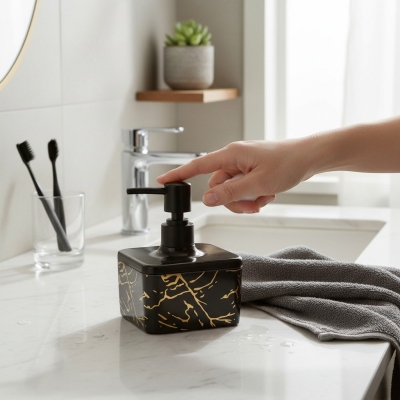 Picture of Luxury Black glass liquid soap dispenser featuring a premium gold-colored pump and decorative SOAP gold lettering perfect for enhancing your bathroom vanity decor or modern kitchen sink countertop with elegant style.-black