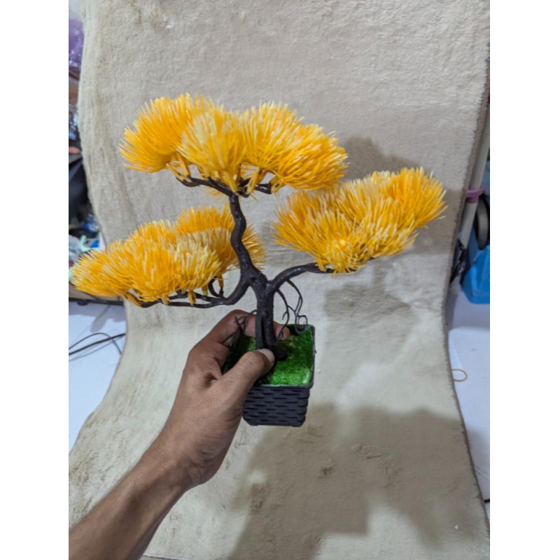 Picture of Artificial Yellow Bonsai Tree in Black Pot for Home Office Desktop Decoration Vibrant Faux Pine Greenery Plant-Yellow