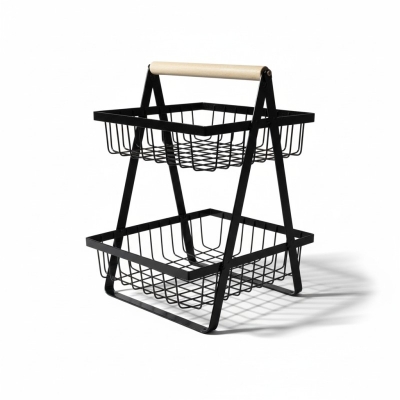 Picture of two-tier metal fruit basket with a wooden handle-Black