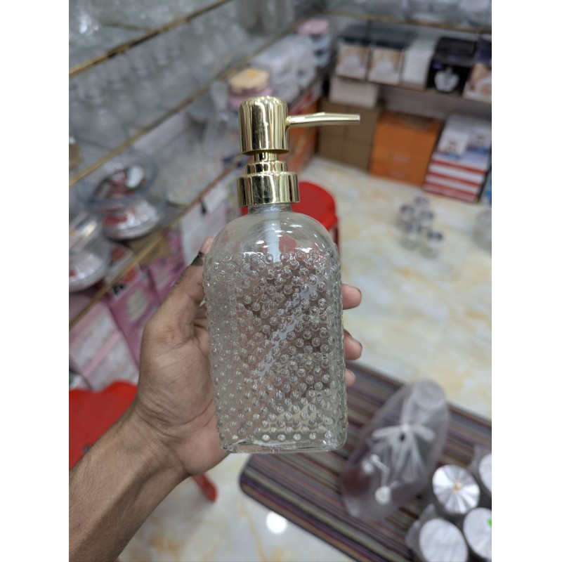 Picture of Elegant 400ml Clear Vintage Embossed Bobble Glass Liquid Soap Dispenser with Rust-Proof Gold Pump for Modern Bathroom Vanity, Kitchen Countertop, Refillable Hand Soap, Dish Soap, Essential Oils, and Luxury Lotion Storage Solutions.-Multicolor