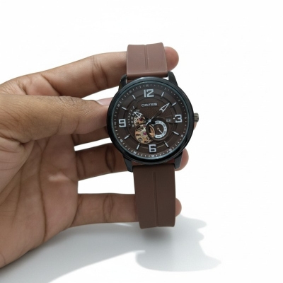 Picture of Premium Gents Watch 2002 featuring a stylish brown silicone belt and automatic mechanical skeleton movement, perfect for professional men looking for a sophisticated, luxury accessory in Bangladesh at best price today.-Brown