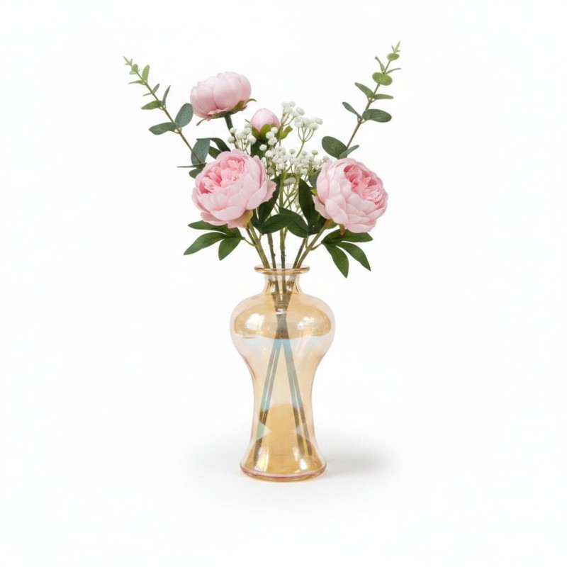 Picture of Modern Amber Iridescent Lustre Glass Vase for Home Decor Featuring a Stylish Curved Silhouette and Elegant Finish Perfect for Artificial Pink Peony Silk Flower Arrangements in Living Room or Office Tabletops.-Multicolor