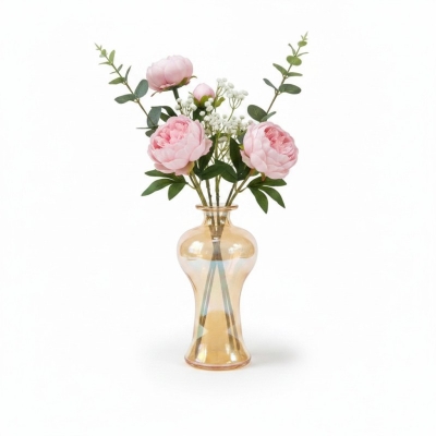 Picture of Modern Amber Iridescent Lustre Glass Vase for Home Decor Featuring a Stylish Curved Silhouette and Elegant Finish Perfect for Artificial Pink Peony Silk Flower Arrangements in Living Room or Office Tabletops.-Multicolor