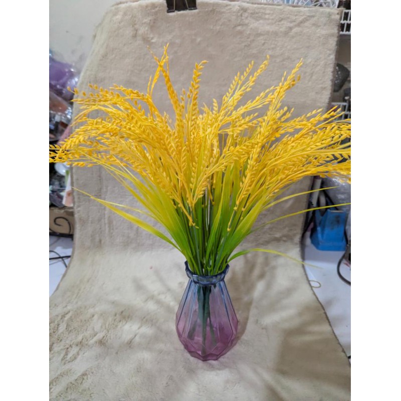 Picture of Artificial Golden Rice Ears and Wheat Stalks in Decorative Glass Vase for Rustic Home and Wedding Decor-Yellow