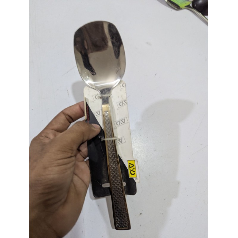 Picture of AYD Stainless Steel Serving Spoon with Elegant Gold Border Handle Mirror Polish Non-Magnetic Curry Rice Utensil-Silver