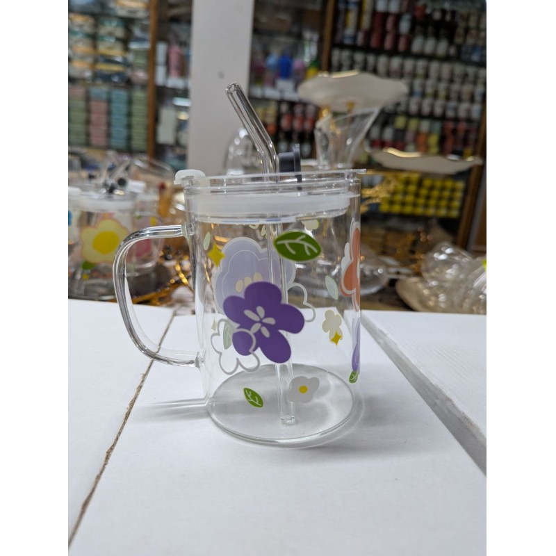 Picture of Floral Design Premium Glass Jar Mug with Handle, Airtight Leak-Proof Lid, and Reusable Straw for Coffee, Milkshakes, Juice, or Water; Elegant Heat-Resistant Borosilicate Drinkware Container Perfect for StylishDecor and Gift.-Multicolor