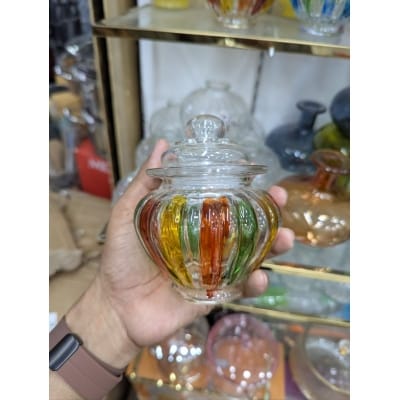 Picture of Set of 3 Multicolor Glass Storage Jars with Airtight Lids for Kitchen Countertop Organization Decorative Candy Dishes Ribbon Striped Clear Glass Canisters for Bulk Food Sugar Spices Flour and Snacks.-Multicolor