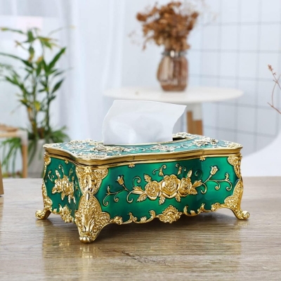 Picture of Tissue Cover Holder,Creative Embossed Roses and Rhinestones Rectangular Acrylic Tissue Box Cover Dispenser Napkin Organizer for Bathroom Bedroom Office and Car (Green-Gold)-Multicolor