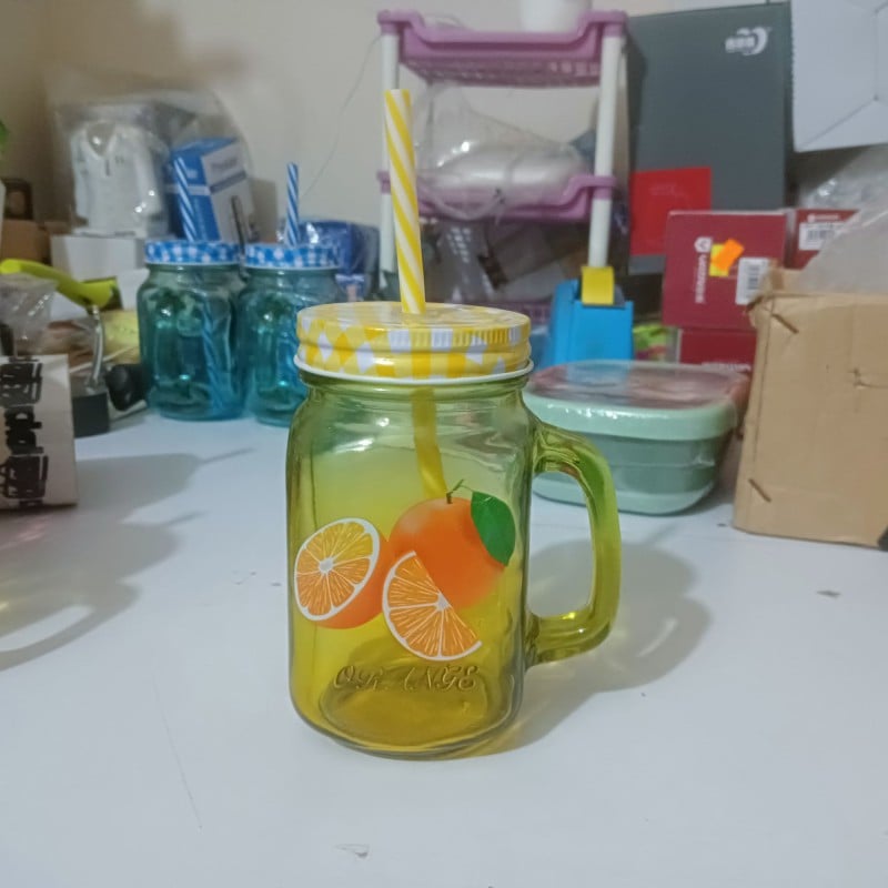 Picture of 1pcs yellow glass Mason jar mug with a handle, a checkered lid, and a striped straw, designed with print print body for drinking beverages. -Yellow