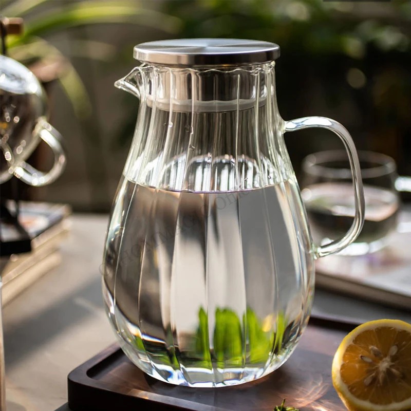 Picture of Stylish 1.8L Glass Carafe with Lid, Durable Borosilicate Body, Amber Striped Texture, Ideal for Cold Water, Juice, Milk, Iced Tea, DIY Drinks, Dishwasher Safe and Refrigerator Friendly-clear-white