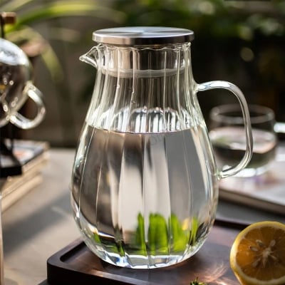 Picture of Stylish 1.8L Glass Carafe with Lid, Durable Borosilicate Body, Amber Striped Texture, Ideal for Cold Water, Juice, Milk, Iced Tea, DIY Drinks, Dishwasher Safe and Refrigerator Friendly-clear-white