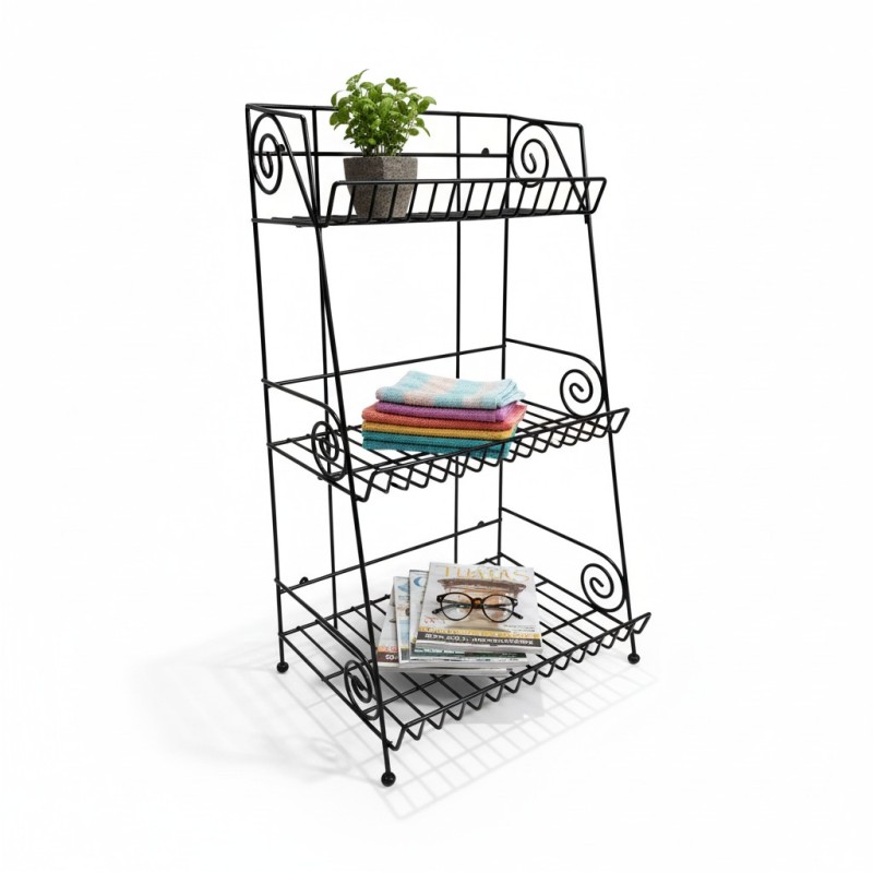 Picture of Modern Three Tier Metal Spice Rack Free Standing Kitchen Counter Organizer Black Wire Storage Shelf for Herb Jars Condiments and Bottles Decorative Swirl Design Heavy Duty Durable Kitchen Pantry Accessories.-Black