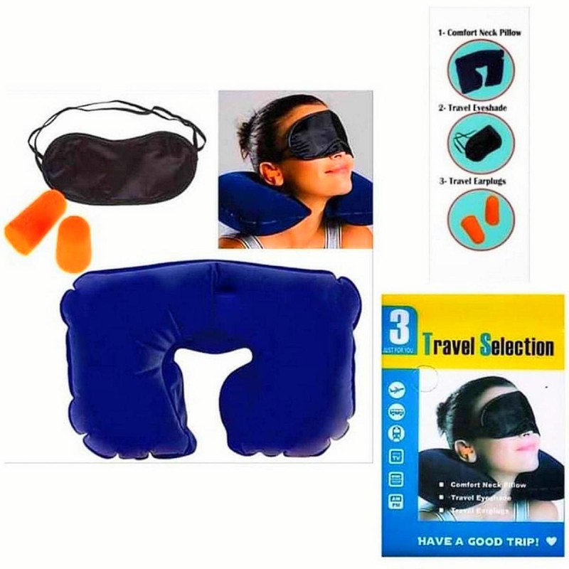 Picture of Premium 3-in-1 Travel Selection Kit featuring Inflatable U-Shaped Neck Pillow with Soft Eye Mask and Noise Cancelling Earplugs for Ultimate Comfort during Long Flights Car Journeys and Relaxing Train Trips Worldwide.-Multicolor