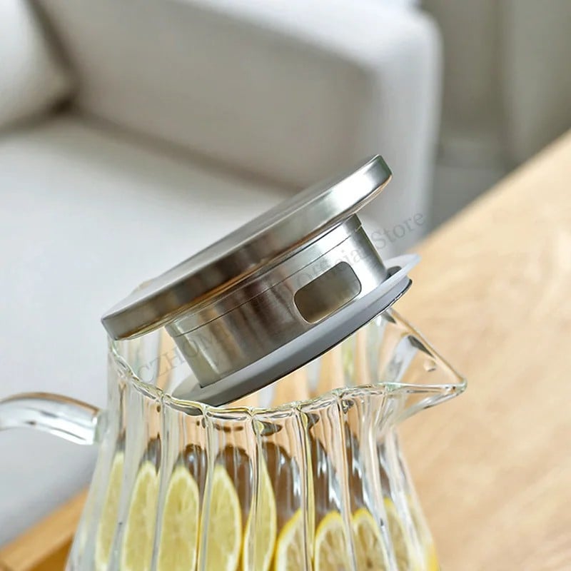 Picture of 1.8L Borosilicate Glass Carafe with Lid and Handle, Elegant Amber Striped Design, Heat-Resistant Water Jug for DIY Drinks, Juice, Tea, Milk, Refrigerator Safe, Easy-Clean Wide Mouth Pitcher-golden-golden
