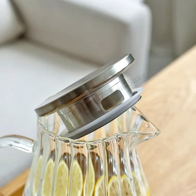 Picture of 1.8L Borosilicate Glass Carafe with Lid and Handle, Elegant Amber Striped Design, Heat-Resistant Water Jug for DIY Drinks, Juice, Tea, Milk, Refrigerator Safe, Easy-Clean Wide Mouth Pitcher-golden-golden