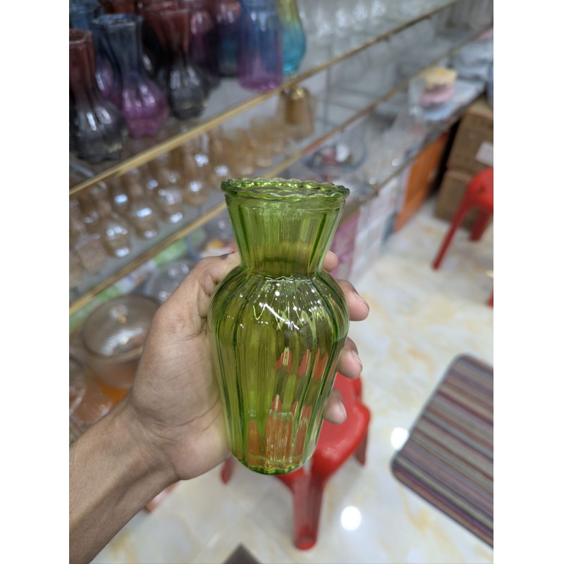 Picture of Elegant Vintage Olive Green Fluted Glass Bud Vase Featuring Scalloped Rim and Vertical Ribbed Texture, Decorative Small Floral Container for Home Decor, Wedding Centerpieces, and Sophisticated Antique Style Handblown Glassware Display.-Multicolor