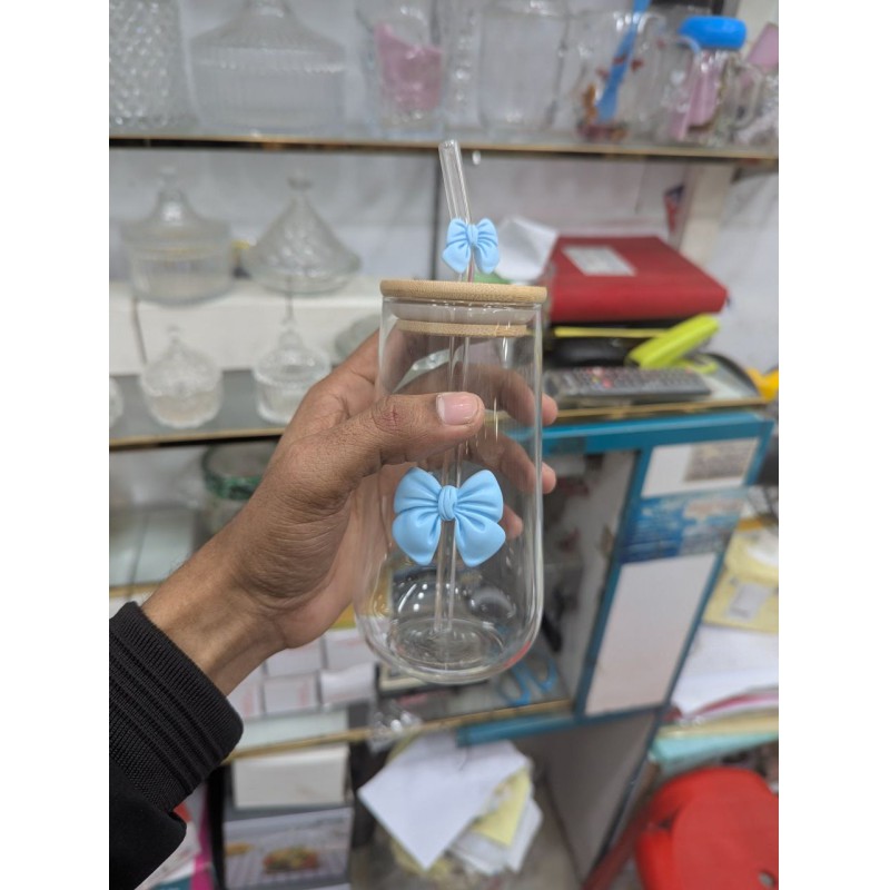 Picture of Multicolor Bow Glass Cup with Bamboo Lid and Glass Straw 500ml Aesthetic Pookie Tumbler Set for Iced Coffee Smoothie Juice Milk and Tea Perfect Gift for Girls and Stylish Home Decor Accessories.-Multicolor