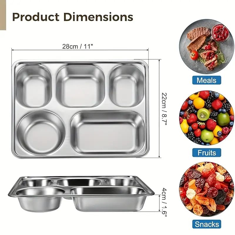 Picture of 1pcs Heavy-Duty Commercial Stainless Steel Five-Compartment Food Tray -weight lid, Large Restaurant Plate for Catering, School Cafeteria, Party, Home Kitchen - Ideal for Pasta, Meat, Vegetables, Desserts - Easy-Clean & Space-Saving Design, Catering Essent-Silver