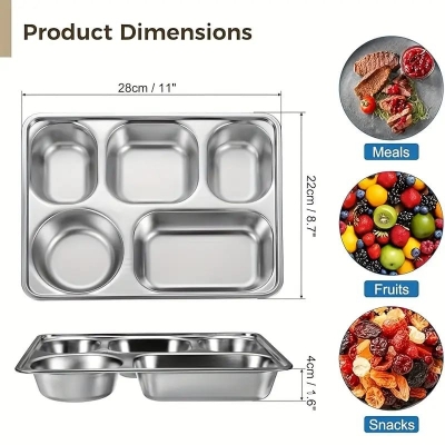 Picture of 1pcs Heavy-Duty Commercial Stainless Steel Five-Compartment Food Tray -weight lid, Large Restaurant Plate for Catering, School Cafeteria, Party, Home Kitchen - Ideal for Pasta, Meat, Vegetables, Desserts - Easy-Clean & Space-Saving Design, Catering Essent-Silver