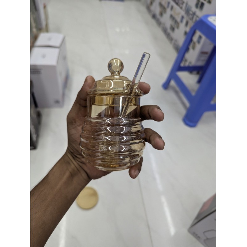 Picture of Elegant Glass Honey Pot with Integrated Dipper & Glass Lid-Gold