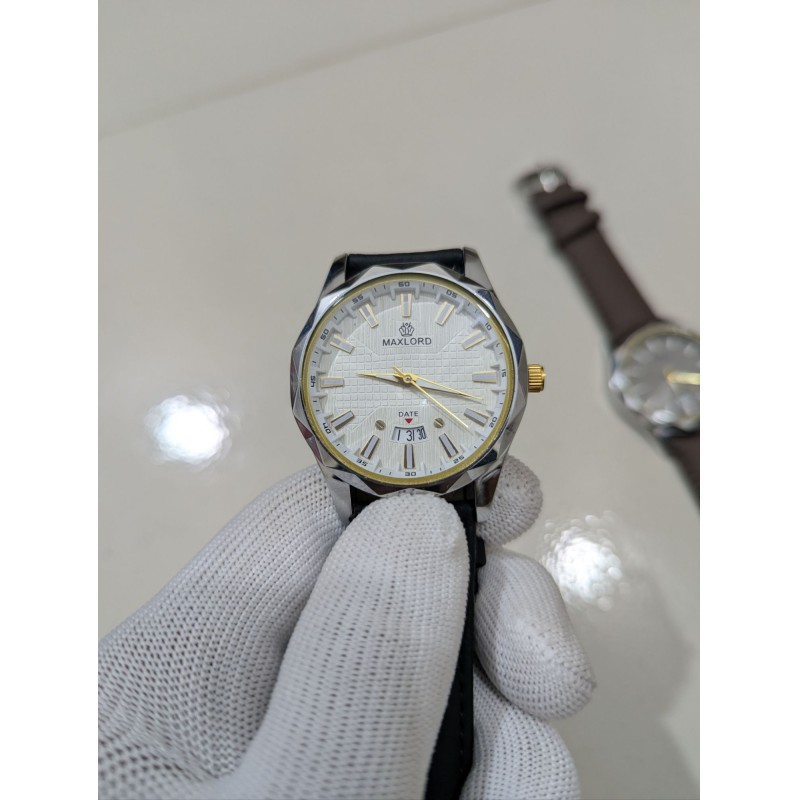 Picture of Premium Leather Watch for Men with Elegant Textured White Dial Gold-Tone Hands and Date Display Feature Waterproof Business Casual Wristwatch for Stylish Gents Perfect Gift Choice for Special Occasions.-Black