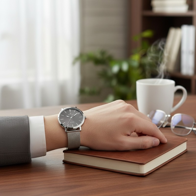 Picture of Men’s Quartz Analog Watch featuring a Premium Anthracite Dial and Stainless Steel Mesh Strap with a Slim Round Case Design perfect for Formal Business Meetings and Everyday Casual Wear for Professionals.
High-Quality Wrist Watch for Men with Durable Silve-Silver