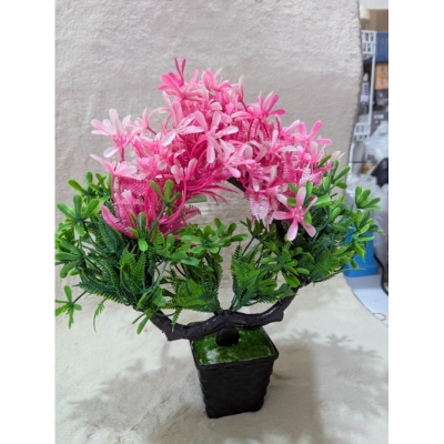Picture of Artificial Pink Cherry Blossom Bonsai Tree in Black Pot for Indoor Home Office Tabletop Decorative Display-Multicolor