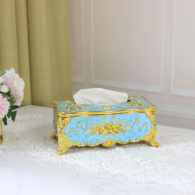 Picture of Tissue Cover Holder,Creative Embossed Roses and Rhinestones Rectangular Acrylic Tissue Box Cover Dispenser Napkin Organizer for Bathroom Bedroom Office and Car (light pink-Gold)-Multicolor