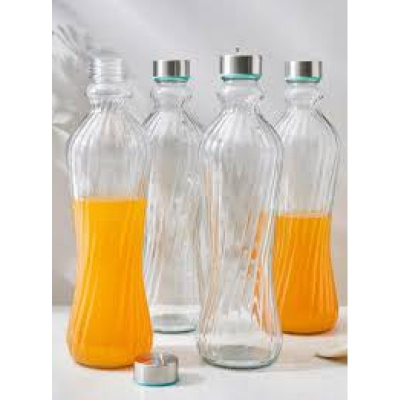 Picture of 1 Liter Transparent Twisted Glass Water Bottle with Silver Toned Round Cap – Elegant & Solid Design for Daily Hydration, Home & Office Use.-Multicolor