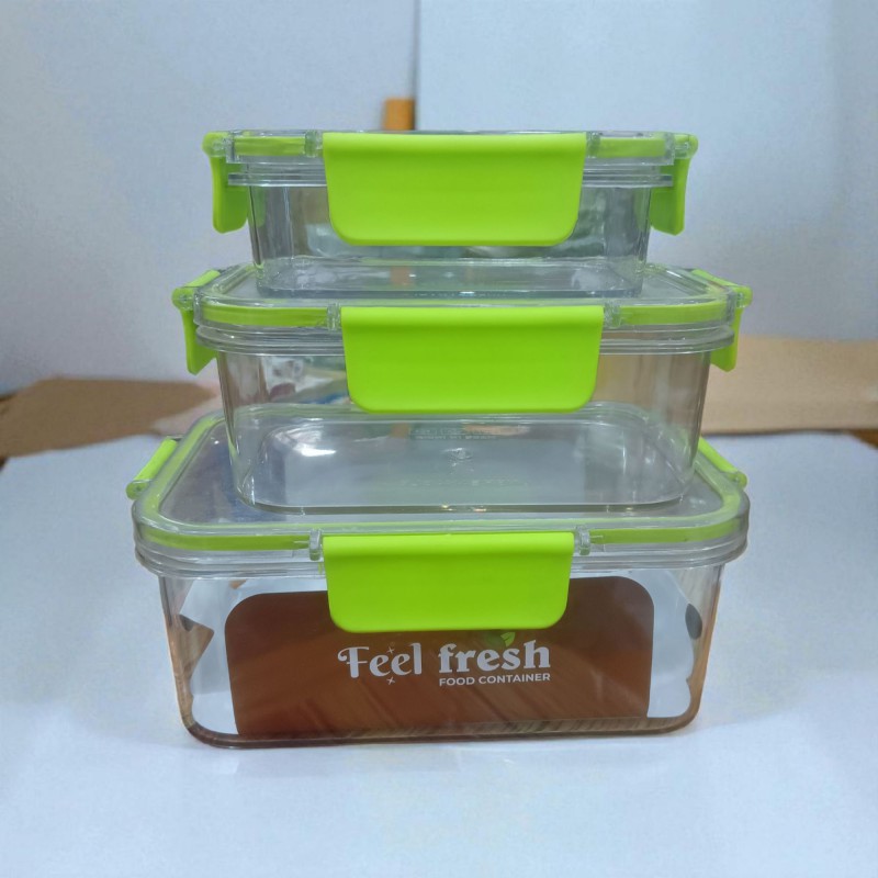 Picture of 3 pcs set 1200ml,800 ml & 300 ml Feel Fresh Rectangular PET Food Container, transparent green color lid-Multicolor