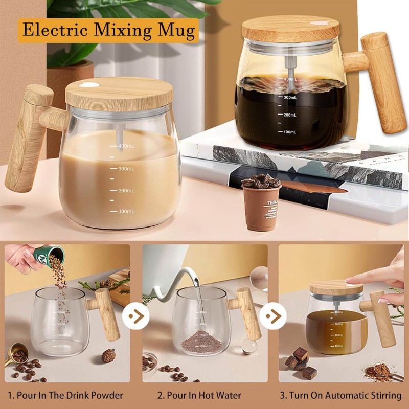 Picture of Electric Self-Stirring Coffee Mug | 400ml Automatic Mixing Glass Cup with Wooden Handle | One-Touch Operation-Multicolor