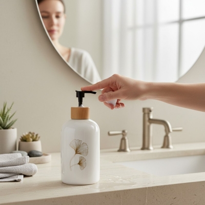 Picture of Elegant white ceramic soap dispenser featuring a luxury gold-toned ginkgo leaf design and a stylish wood-look top with a durable black pump perfect for enhancing your modern bathroom vanity or kitchen sink.-white