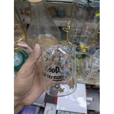 Picture of Premium Floral Borosilicate Glass Coffee Mug with Good Afternoon Print, Heat Resistant Tea Cup for Home and Office Use, Durable and Lightweight Glassware for Hot or Cold Drinks, Perfect Gift Idea.-Multicolor