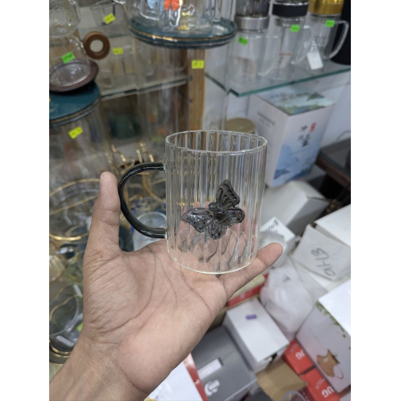 Picture of Premium 3D Butterfly Striped Borosilicate Glass Mug with Creative Colored Handle and Heat-Resistant Design for Coffee, Tea, Milk, Juice - Perfect Gift Idea for Home, Office, Wedding, and Birthdays (400ml Capacity).-Multicolor
