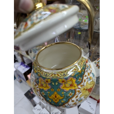 Picture of Premium Floral Enamel Tea Kettle with Vintage Gold Handle, 2.5L Capacity, Bohemian Style Porcelain on Steel Stovetop Teapot for Induction, Gas, Electric Stoves, Durable Non-Toxic Decorative Kitchenware for Modern Homes.-Multicolor