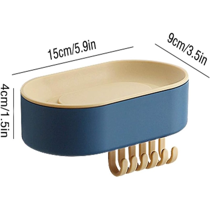 Picture of Multifunctional Wall Mounted Soap Box with Hooks for Bathroom and Kitchen Storage Waterproof Self Draining Soap Dish Holder No Drill Suction Cup Soap Tray Rack for Shower Sponge Scrubber Razor Holder-Multicolor