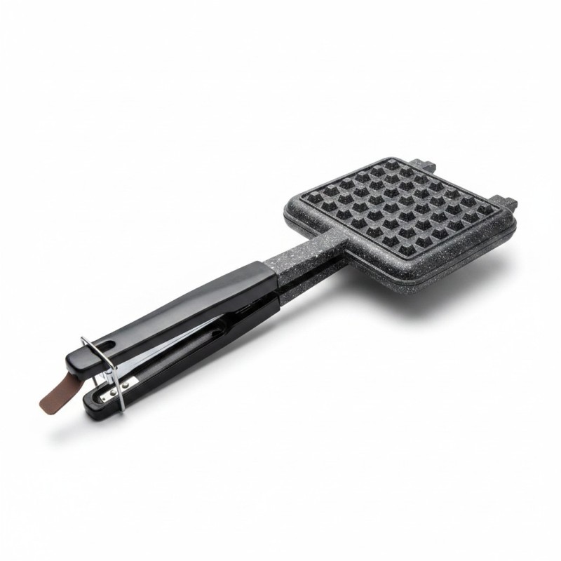 Picture of Non-Stick Stovetop Waffle Maker Iron Dual Head Cast Aluminum Square Belgian Baking Pan Toaster Over Gas Flame-Black